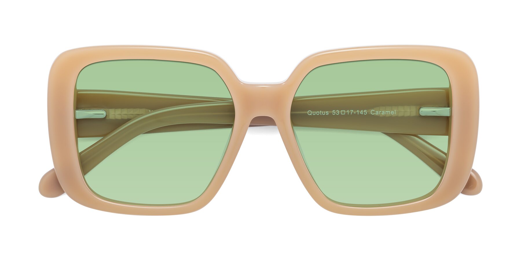 Folded Front of Quotus in Caramel with Medium Green Tinted Lenses