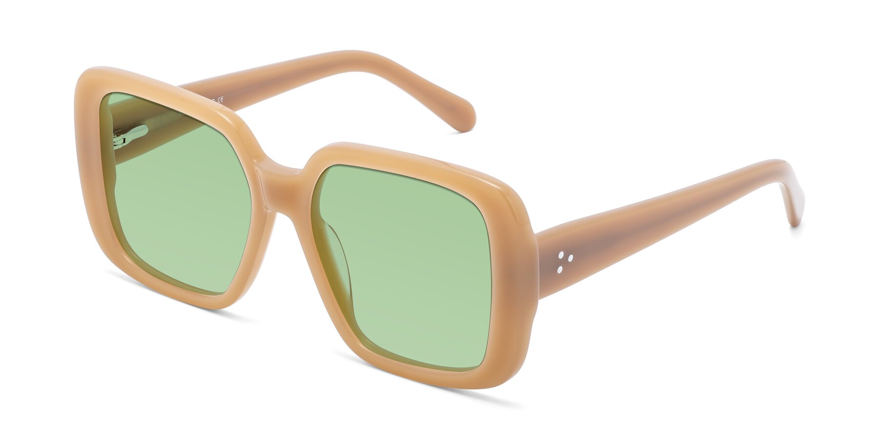 Angle of Quotus in Caramel with Medium Green Tinted Lenses