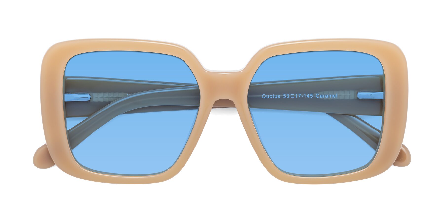 Folded Front of Quotus in Caramel with Medium Blue Tinted Lenses