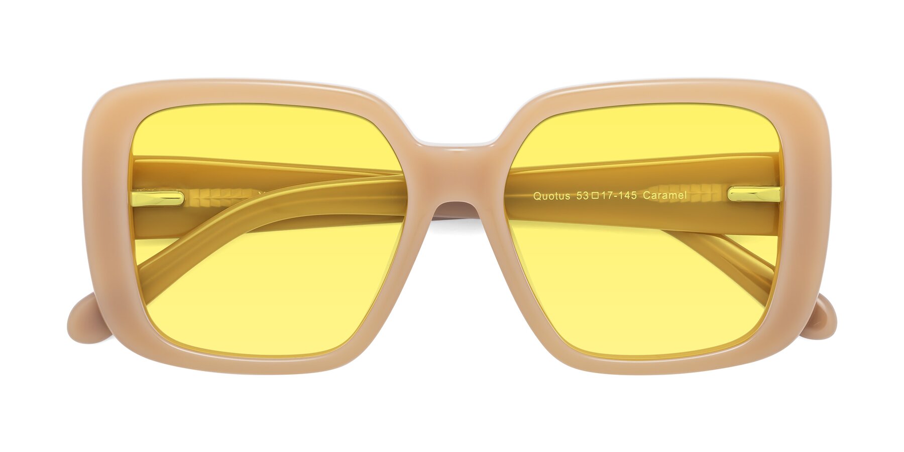 Folded Front of Quotus in Caramel with Medium Yellow Tinted Lenses