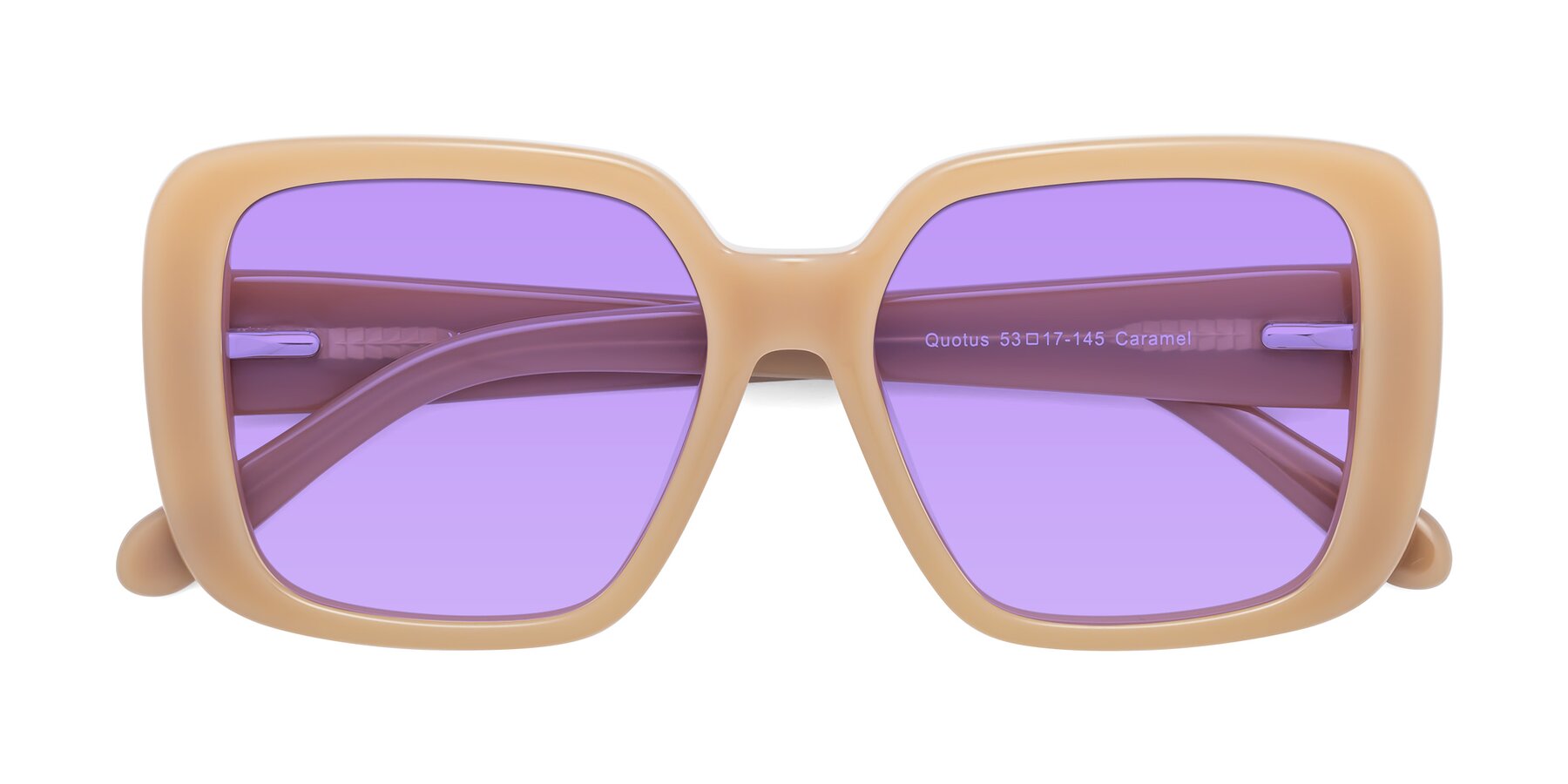 Folded Front of Quotus in Caramel with Medium Purple Tinted Lenses