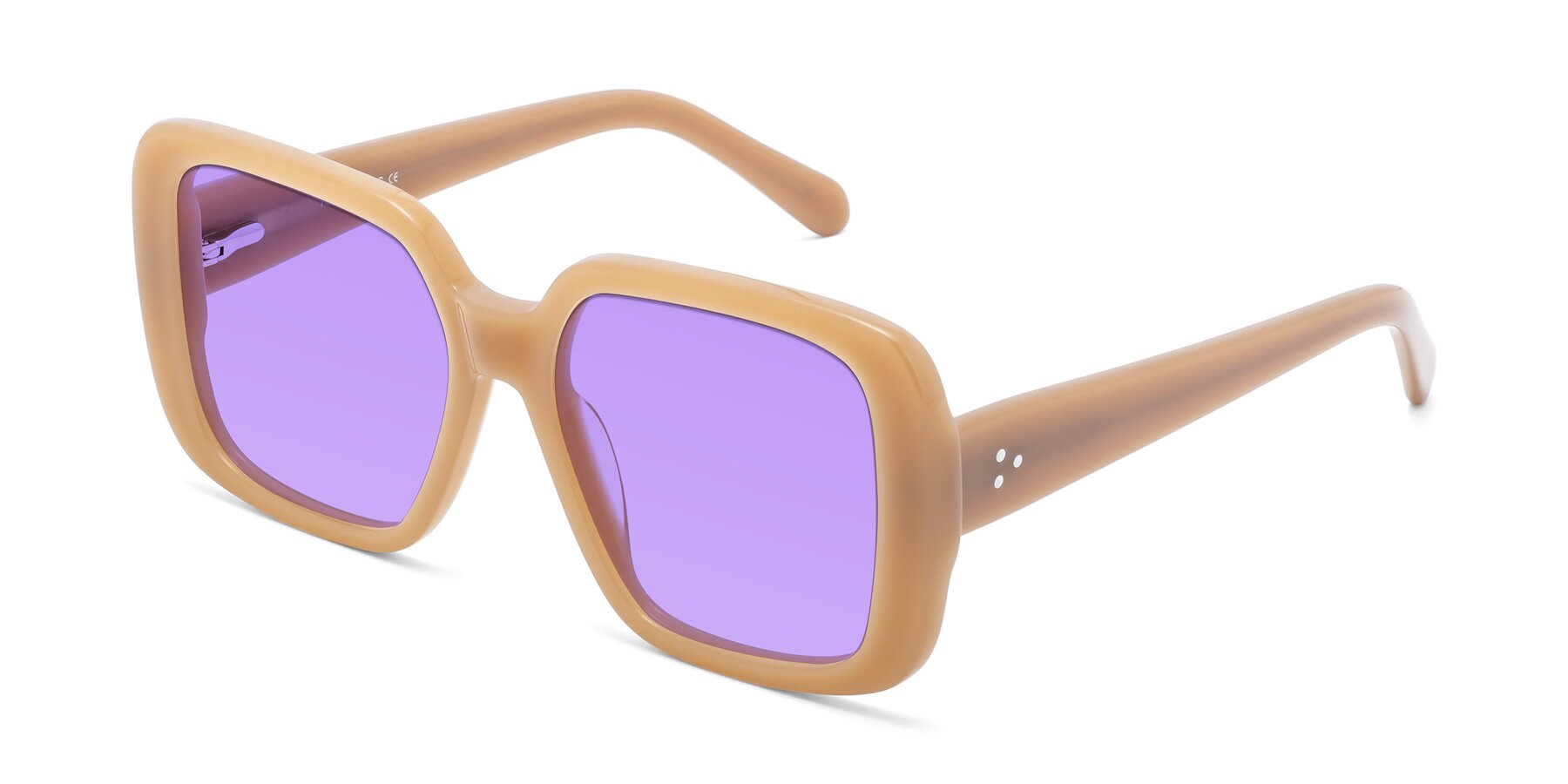 Angle of Quotus in Caramel with Medium Purple Tinted Lenses