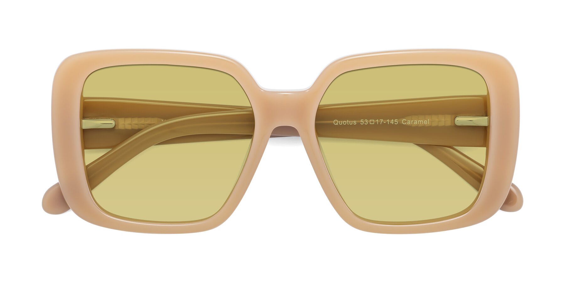 Folded Front of Quotus in Caramel with Medium Champagne Tinted Lenses