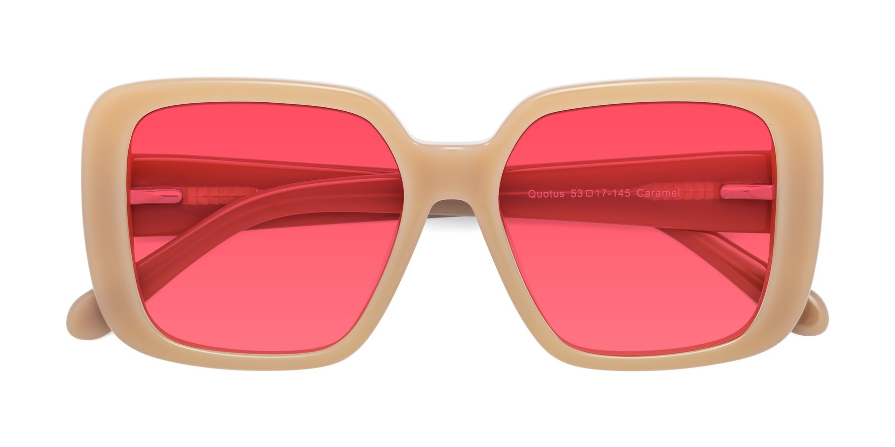 Folded Front of Quotus in Caramel with Red Tinted Lenses