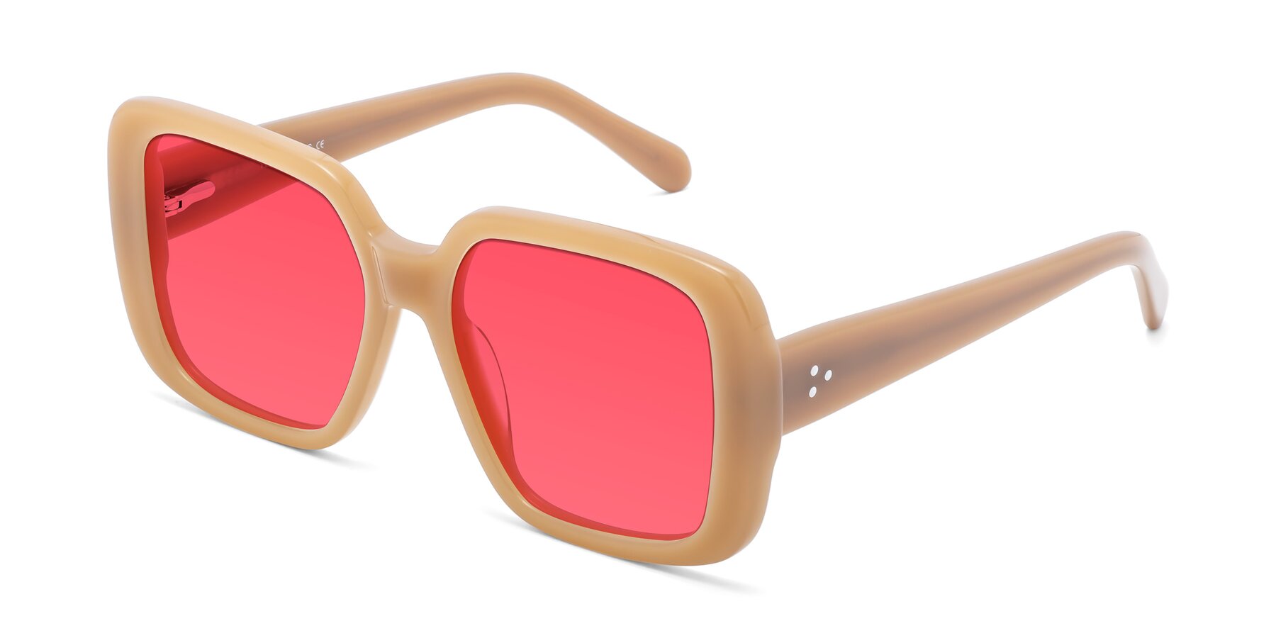 Angle of Quotus in Caramel with Red Tinted Lenses