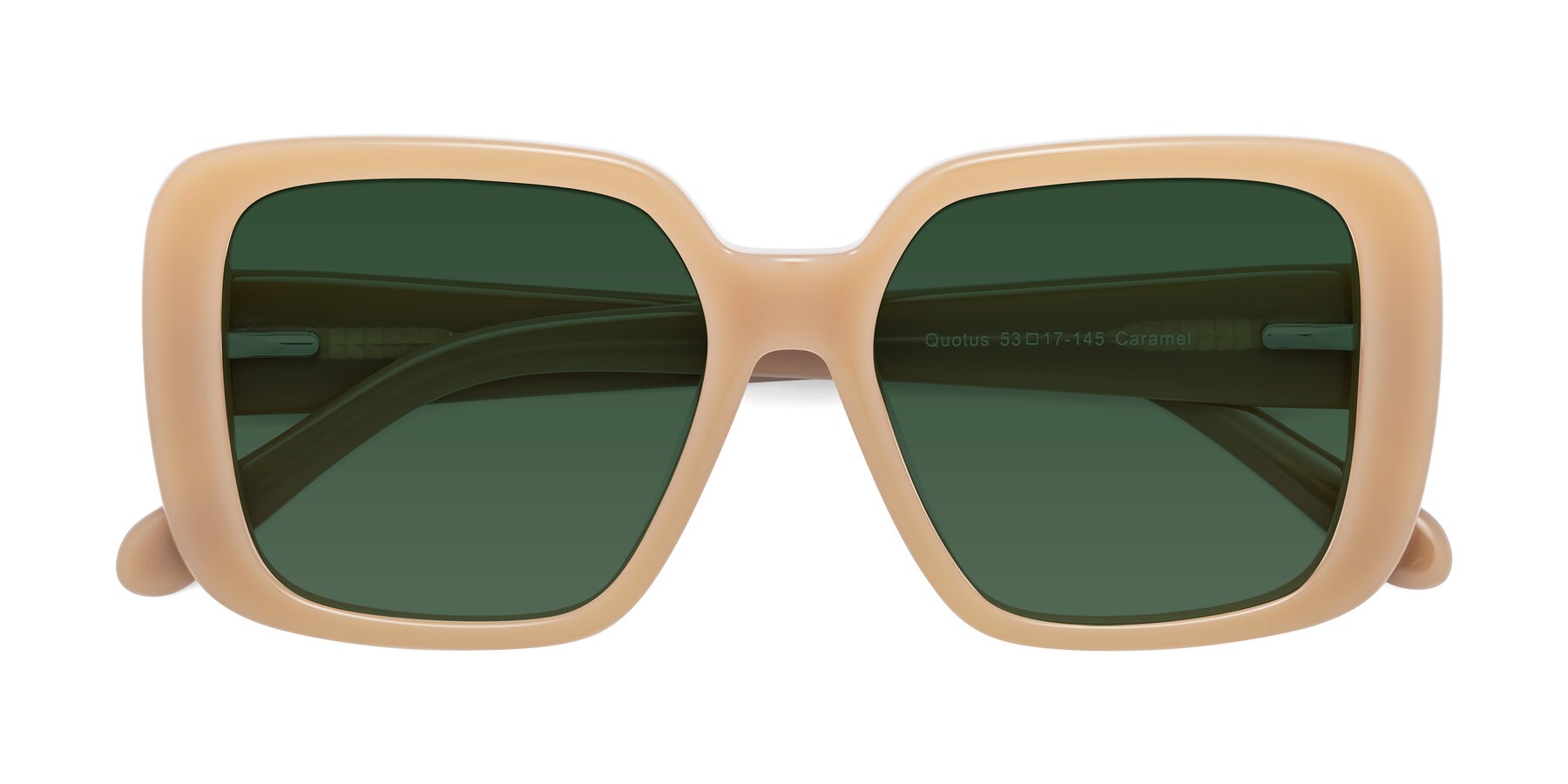 Folded Front of Quotus in Caramel with Green Tinted Lenses