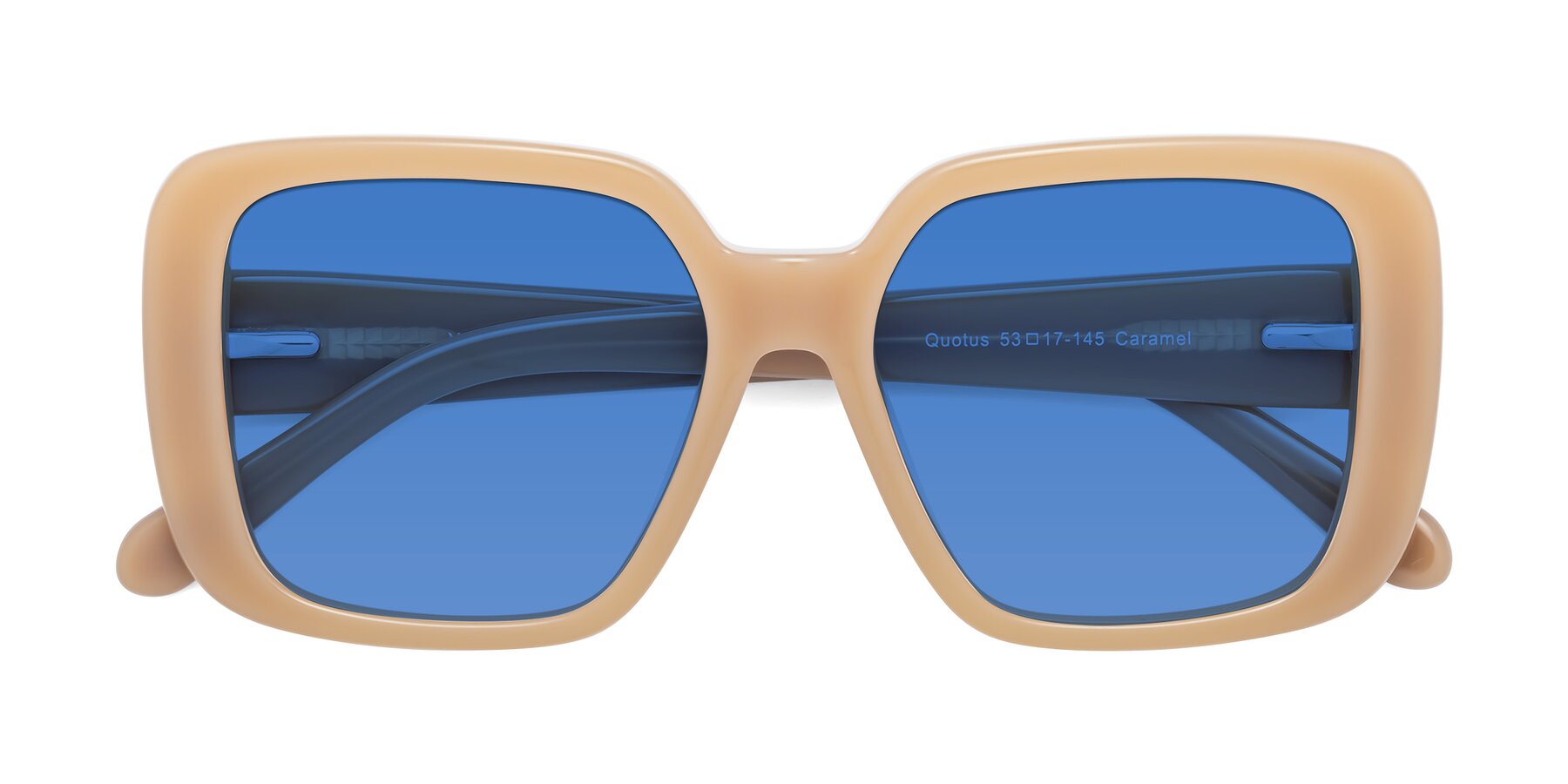 Folded Front of Quotus in Caramel with Blue Tinted Lenses