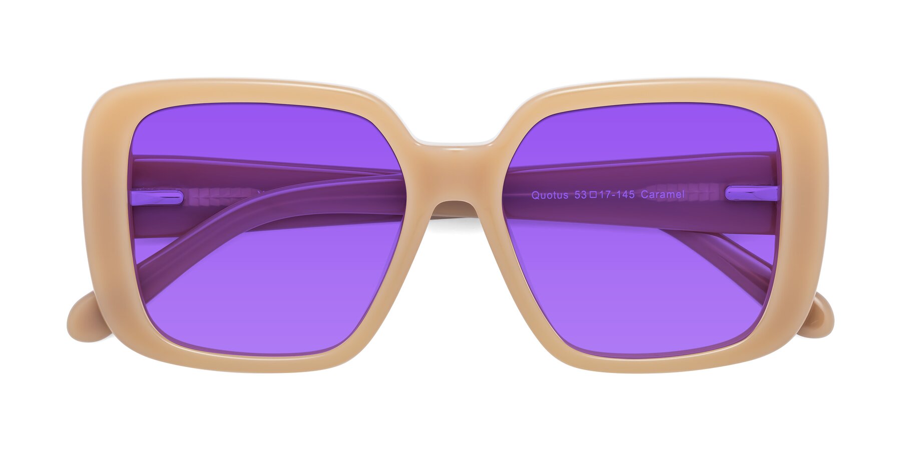 Folded Front of Quotus in Caramel with Purple Tinted Lenses