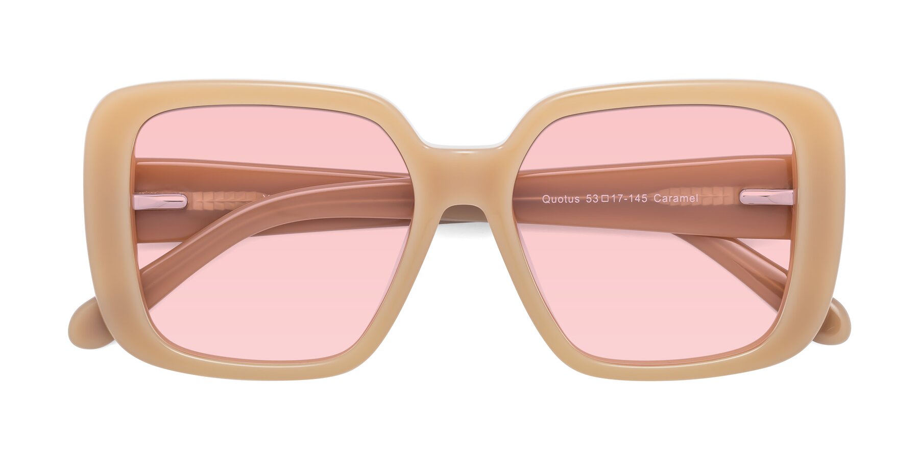 Folded Front of Quotus in Caramel with Light Garnet Tinted Lenses