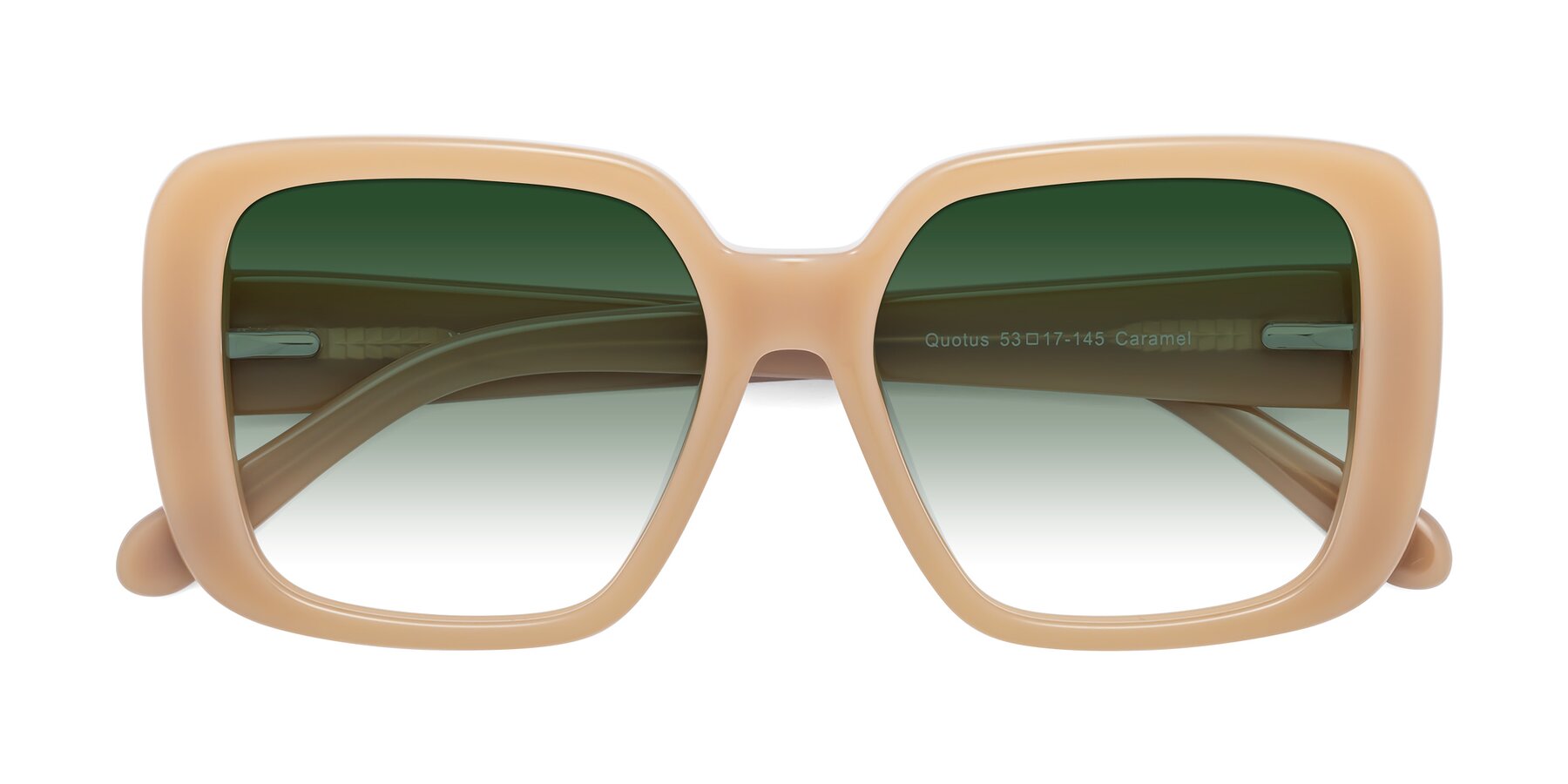 Folded Front of Quotus in Caramel with Green Gradient Lenses