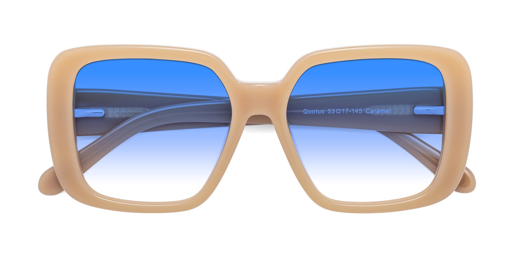 Folded Front of Quotus in Caramel with Blue Gradient Lenses