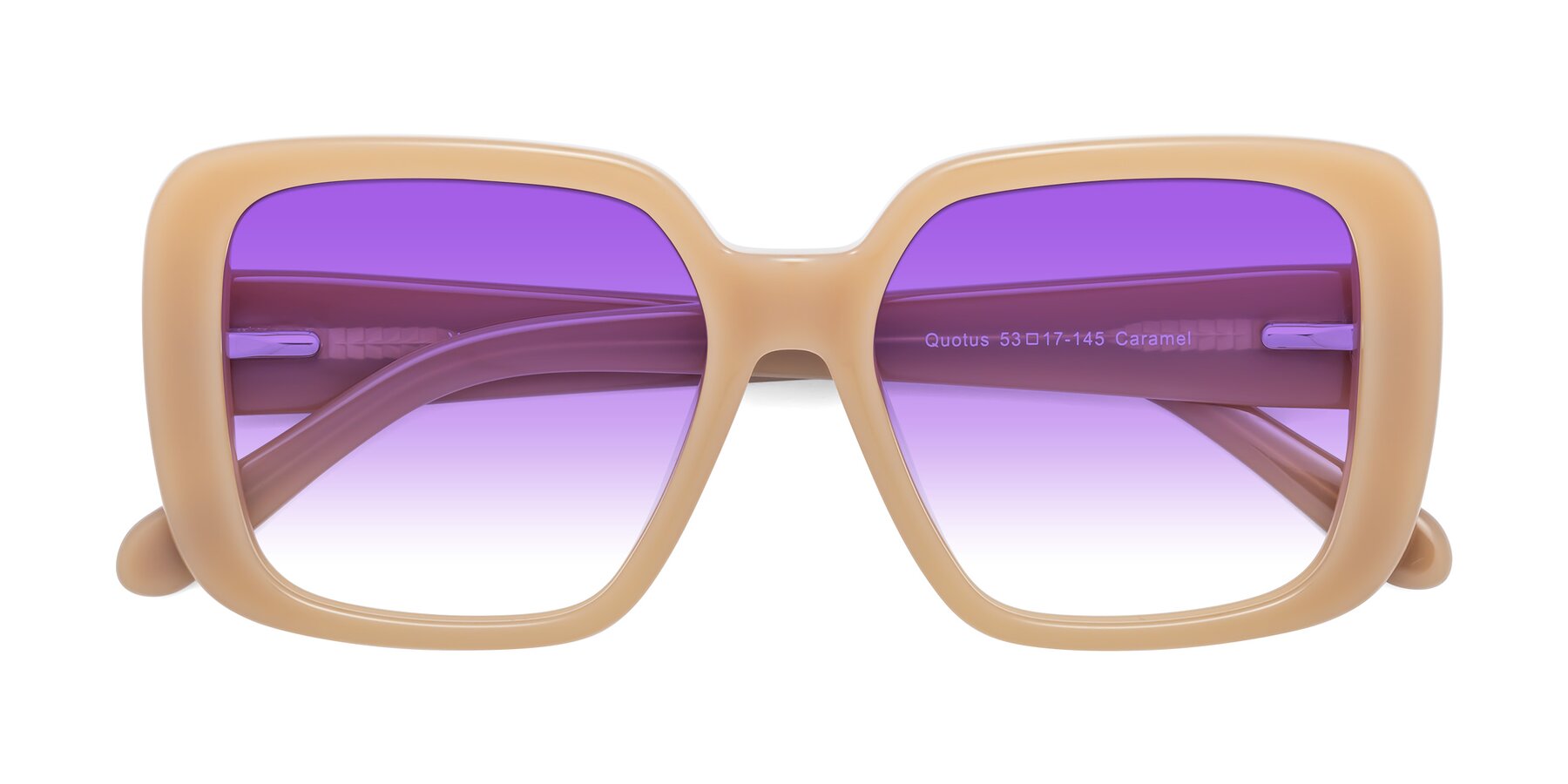 Folded Front of Quotus in Caramel with Purple Gradient Lenses