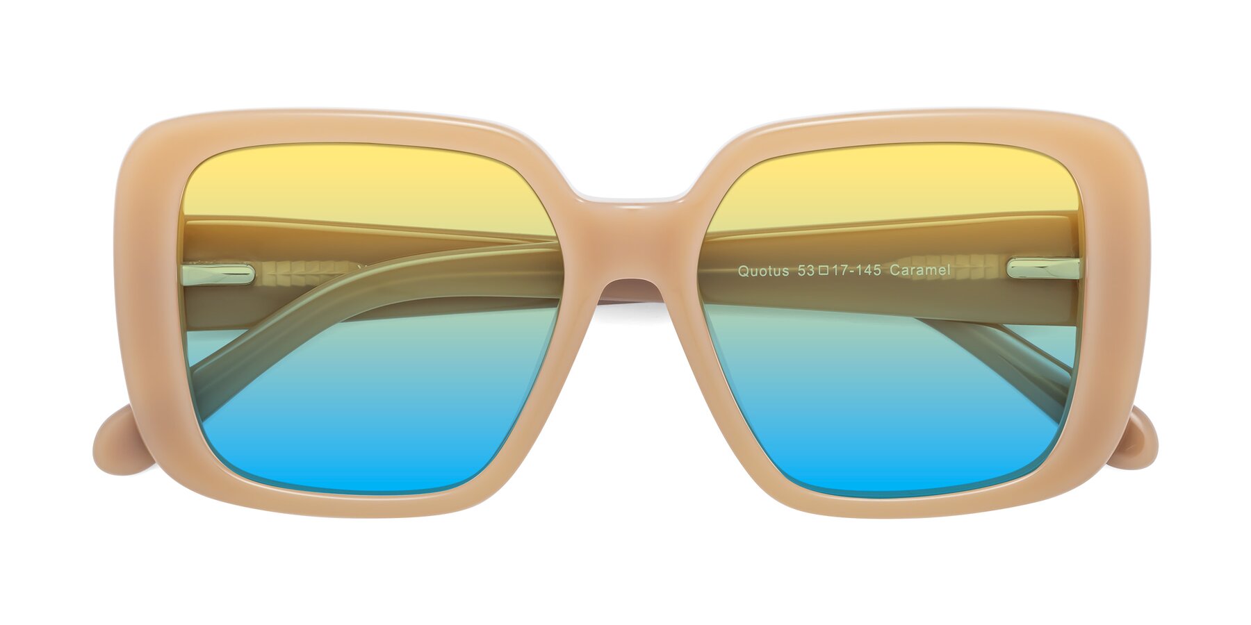 Folded Front of Quotus in Caramel with Yellow / Blue Gradient Lenses