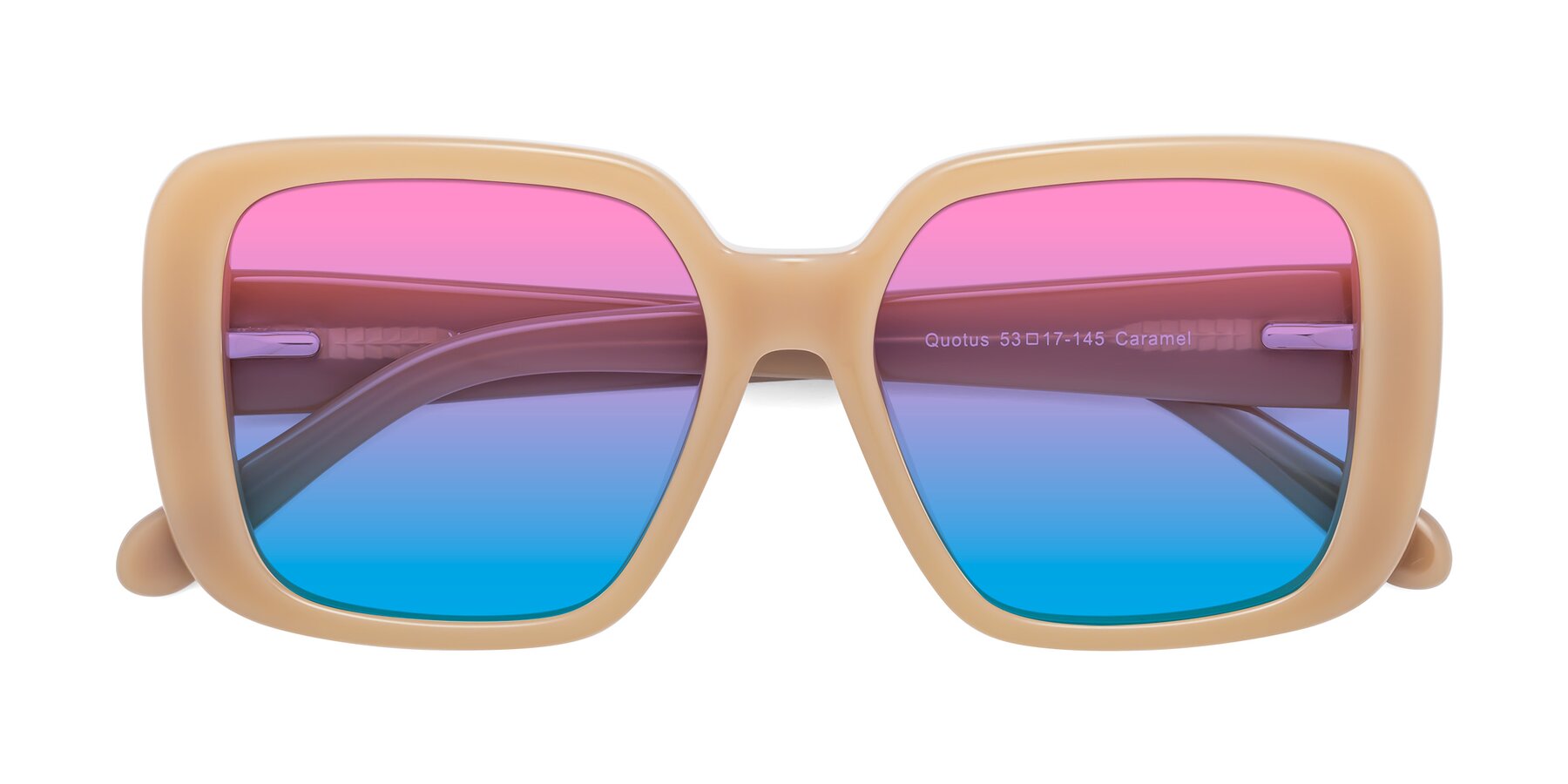 Folded Front of Quotus in Caramel with Pink / Blue Gradient Lenses