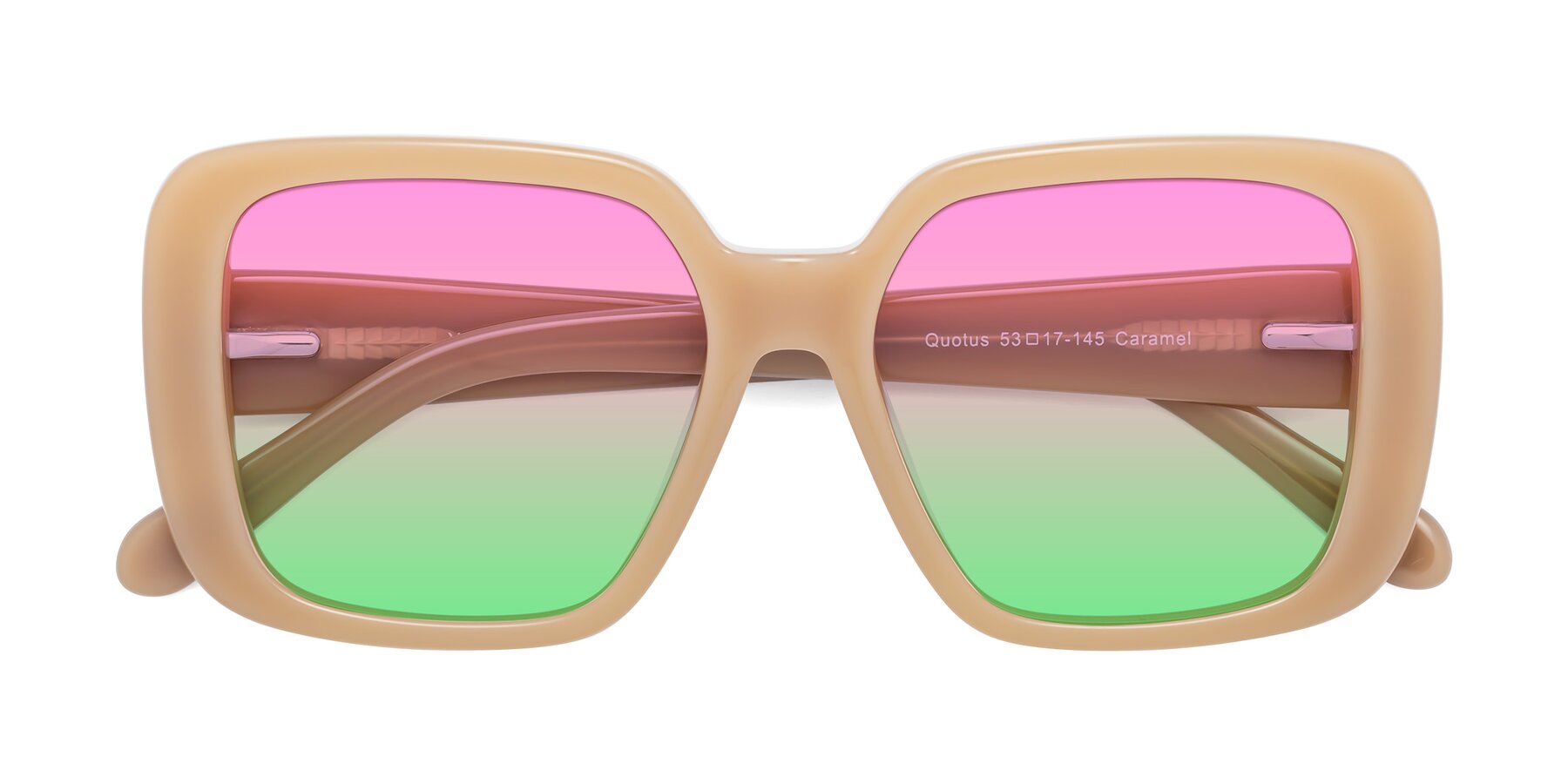 Folded Front of Quotus in Caramel with Pink / Green Gradient Lenses