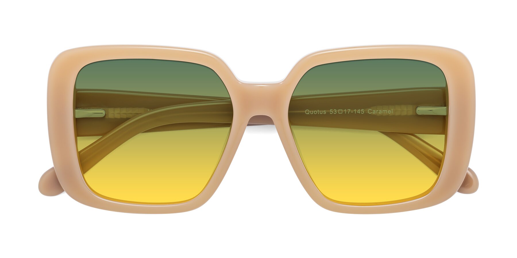 Folded Front of Quotus in Caramel with Green / Yellow Gradient Lenses