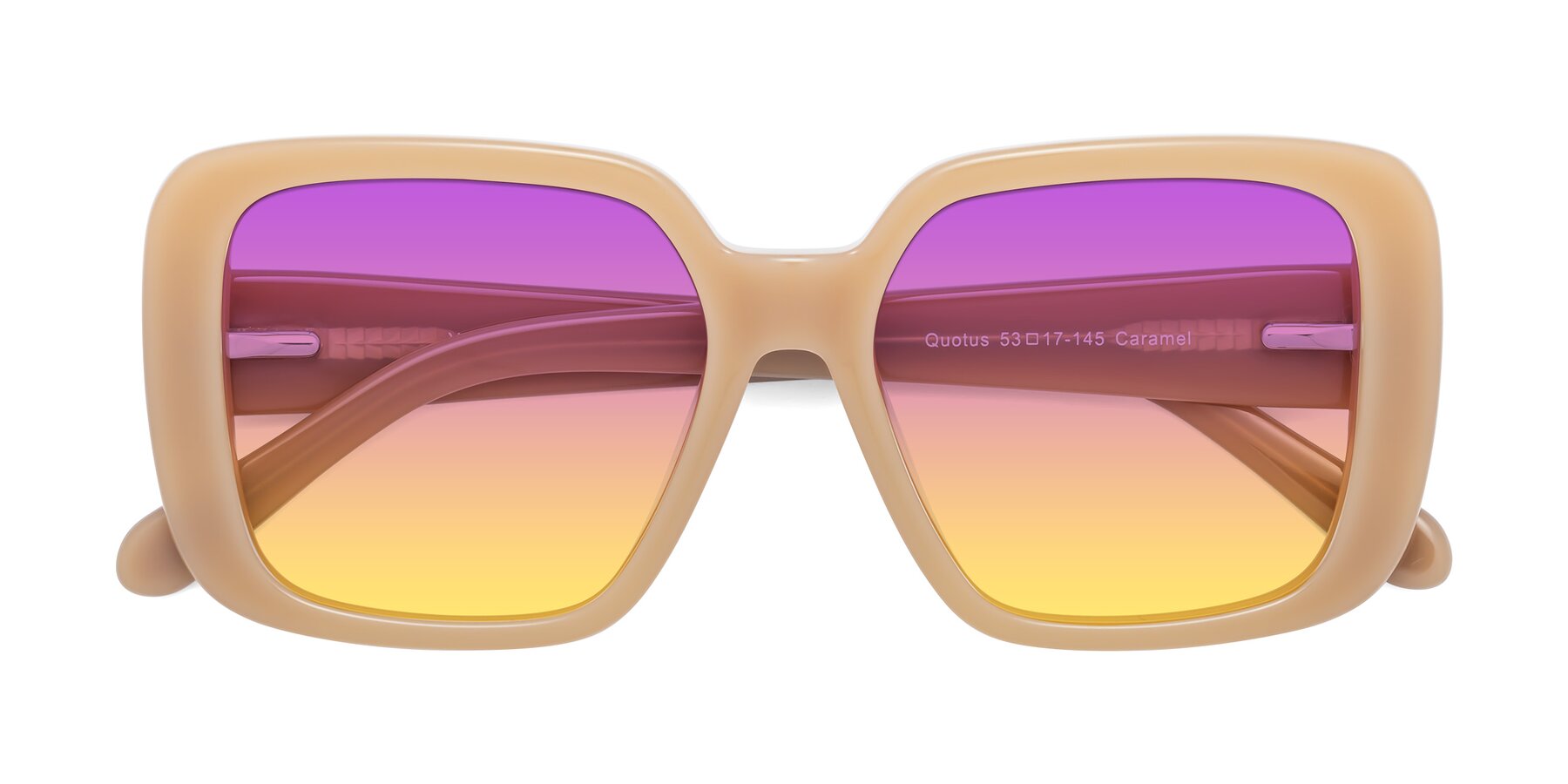 Folded Front of Quotus in Caramel with Purple / Yellow Gradient Lenses