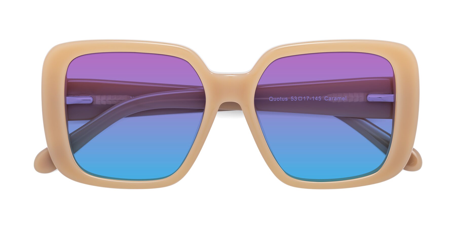 Folded Front of Quotus in Caramel with Purple / Blue Gradient Lenses