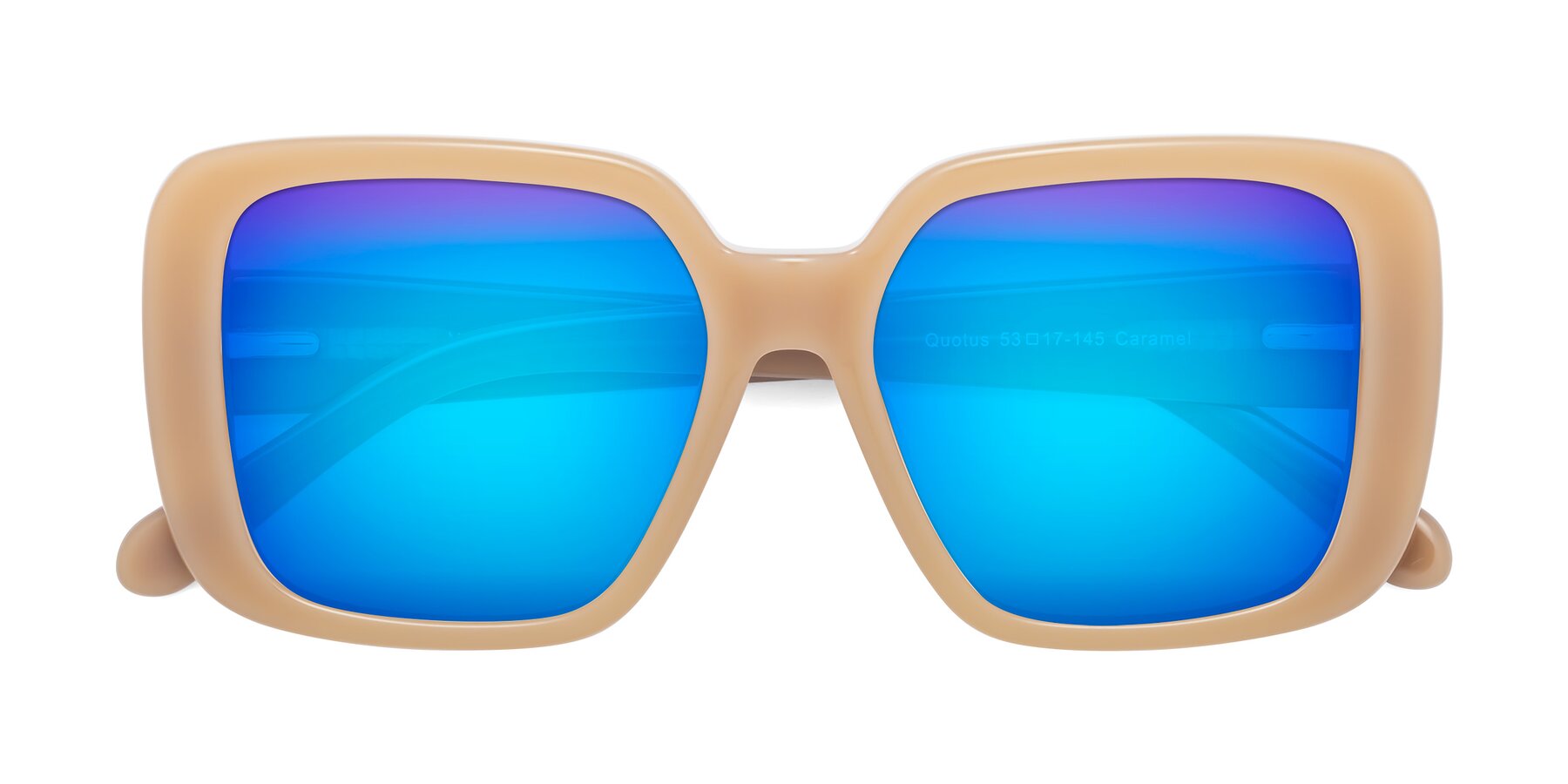 Folded Front of Quotus in Caramel with Blue Mirrored Lenses