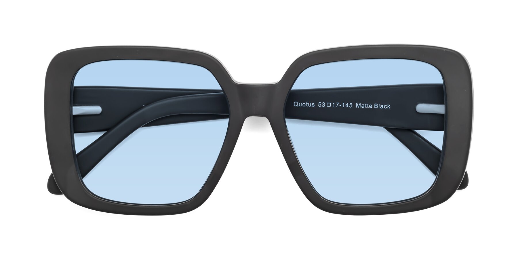 Folded Front of Quotus in Matte Black with Light Blue Tinted Lenses