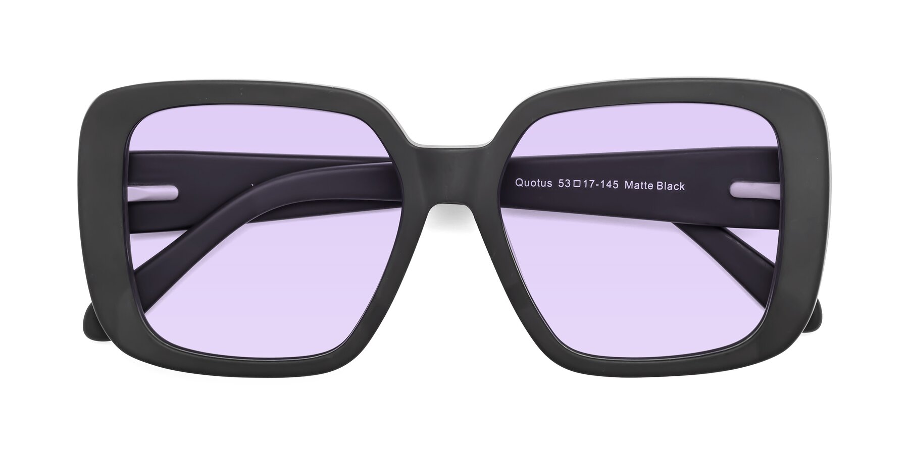 Folded Front of Quotus in Matte Black with Light Purple Tinted Lenses