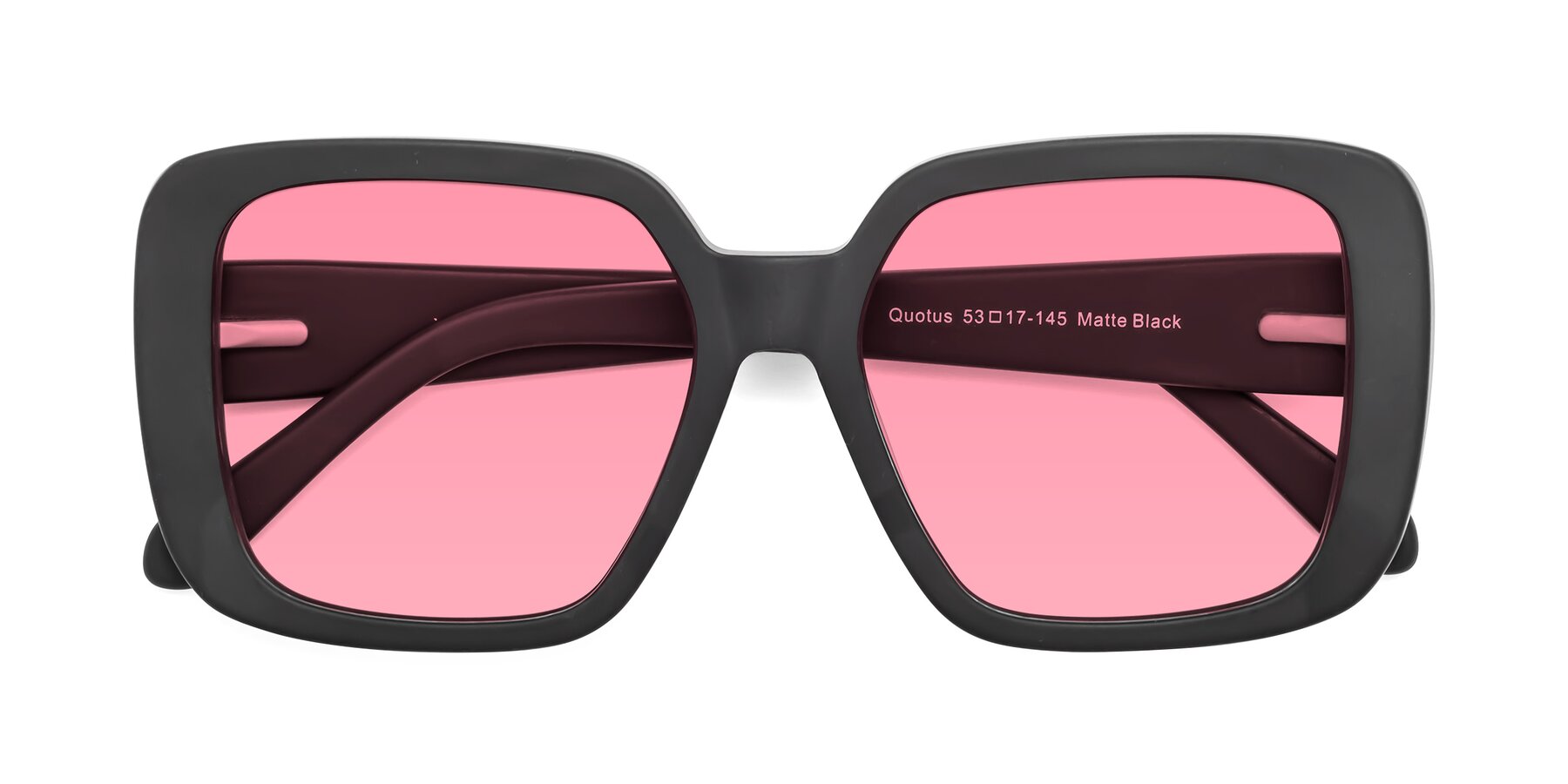 Folded Front of Quotus in Matte Black with Pink Tinted Lenses