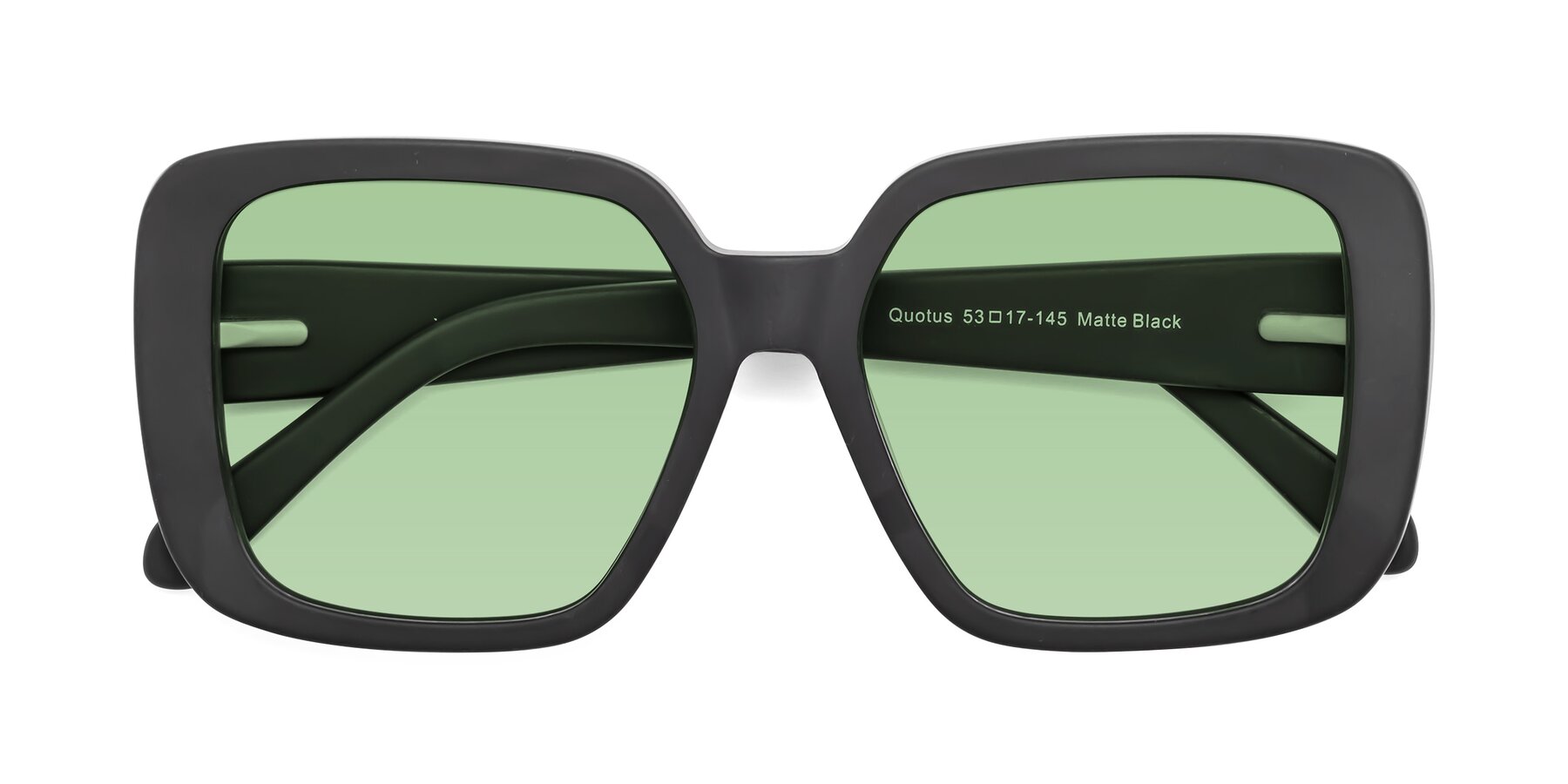 Folded Front of Quotus in Matte Black with Medium Green Tinted Lenses
