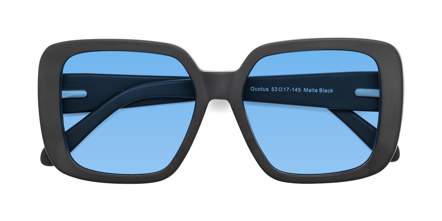 Folded Front of Quotus in Matte Black with Medium Blue Tinted Lenses