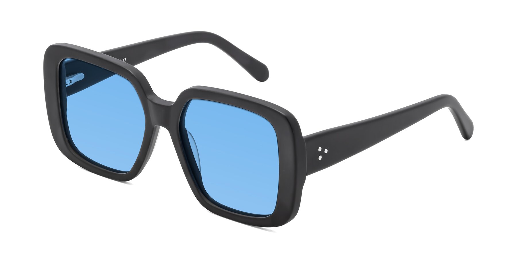 Angle of Quotus in Matte Black with Medium Blue Tinted Lenses