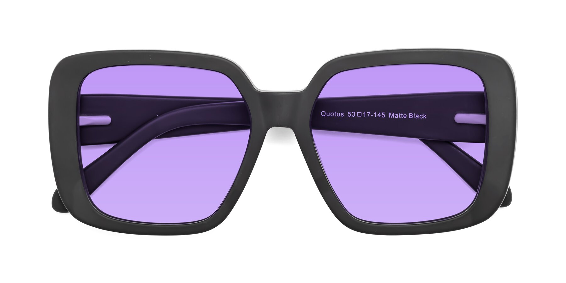 Folded Front of Quotus in Matte Black with Medium Purple Tinted Lenses