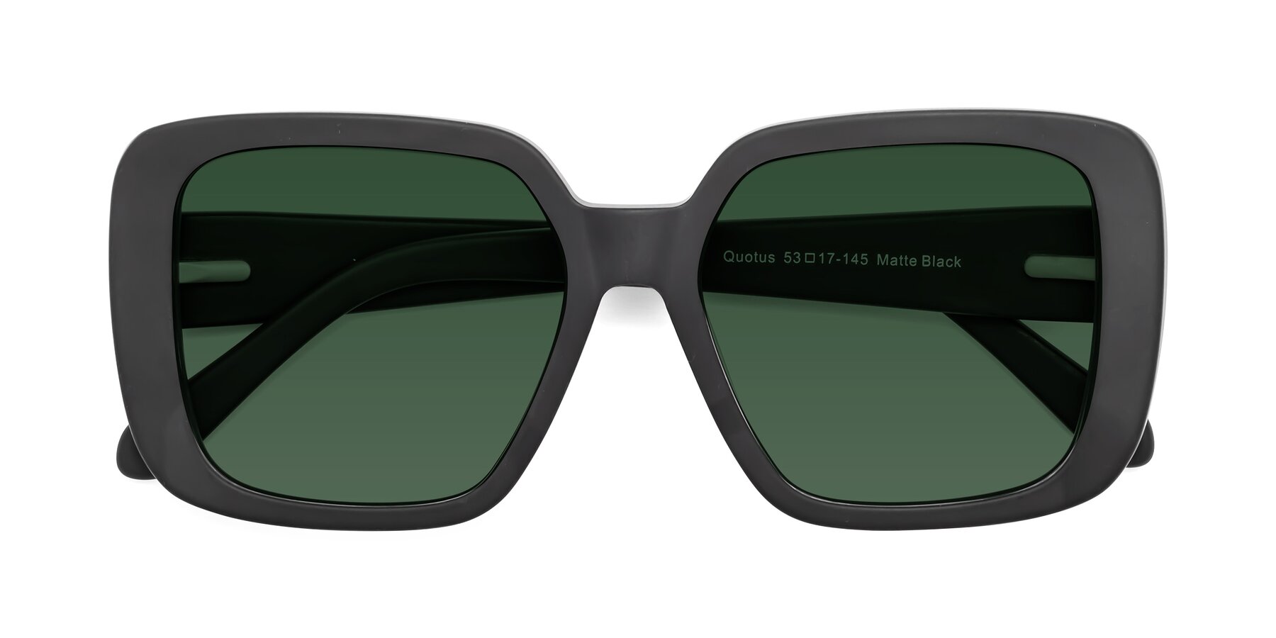 Folded Front of Quotus in Matte Black with Green Tinted Lenses