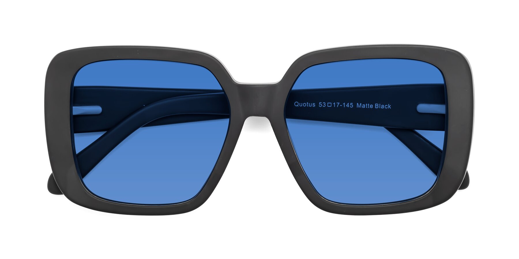 Folded Front of Quotus in Matte Black with Blue Tinted Lenses