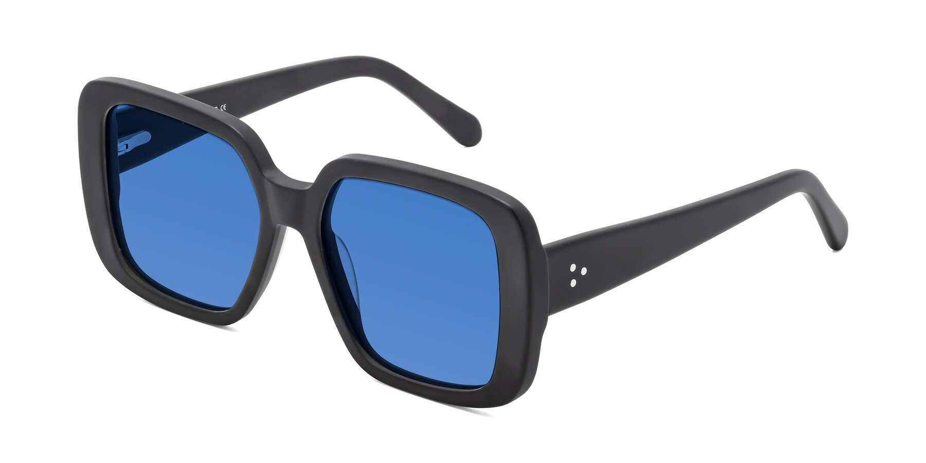 Angle of Quotus in Matte Black with Blue Tinted Lenses