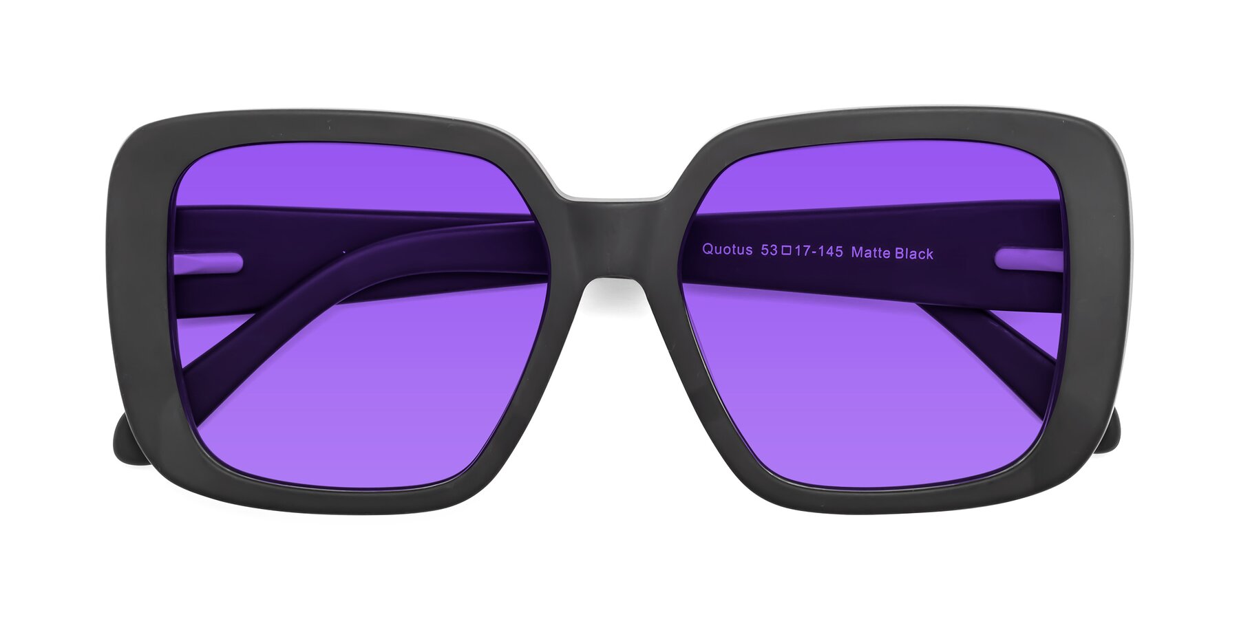 Folded Front of Quotus in Matte Black with Purple Tinted Lenses