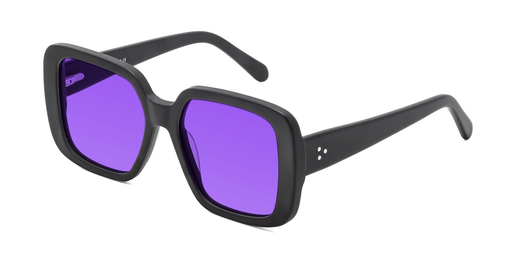 Angle of Quotus in Matte Black with Purple Tinted Lenses