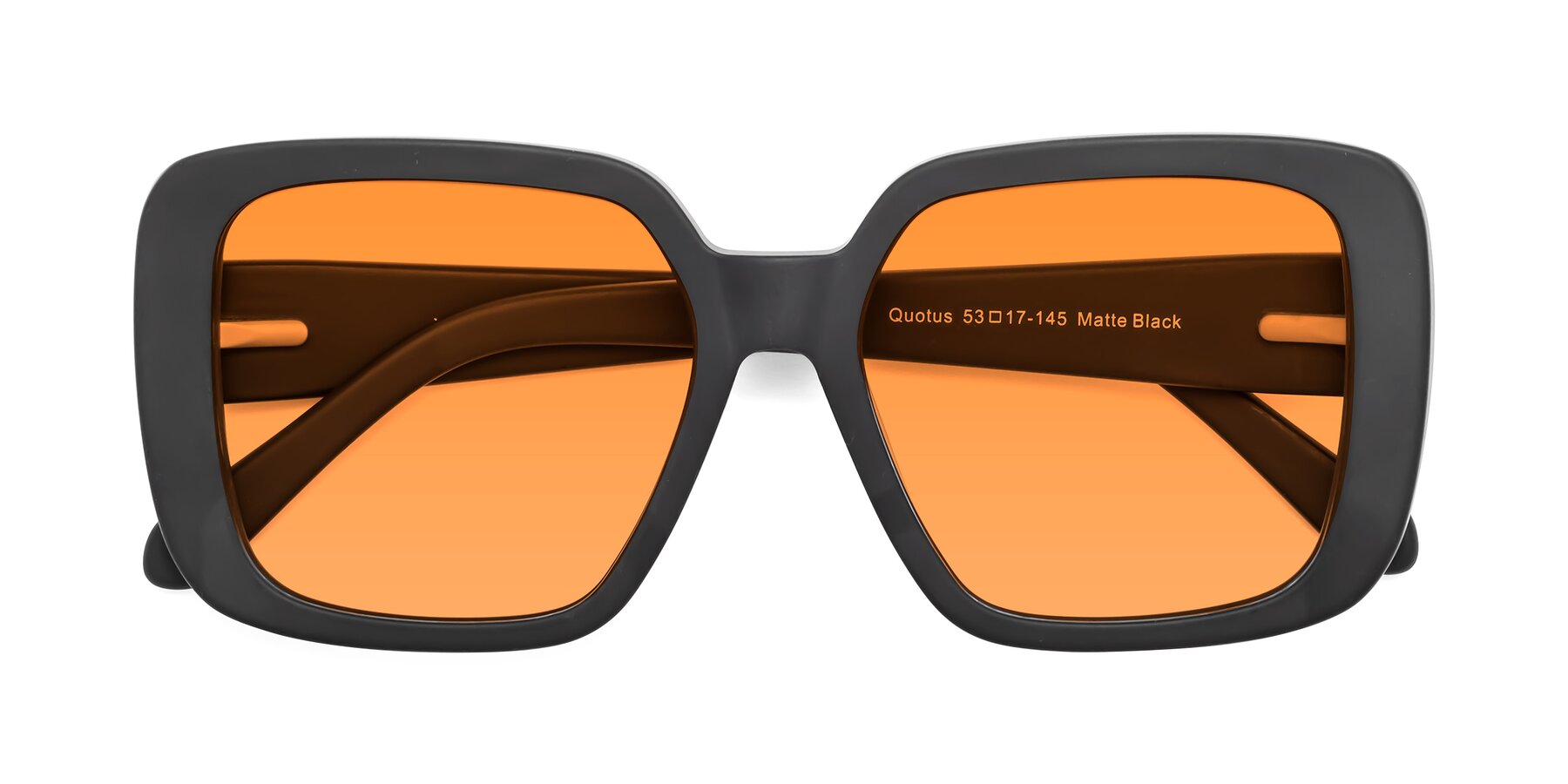 Folded Front of Quotus in Matte Black with Orange Tinted Lenses