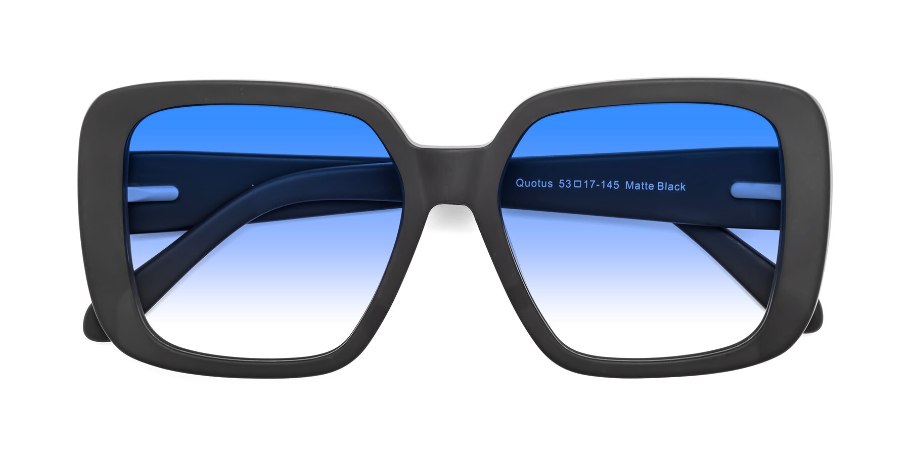 Folded Front of Quotus in Matte Black with Blue Gradient Lenses