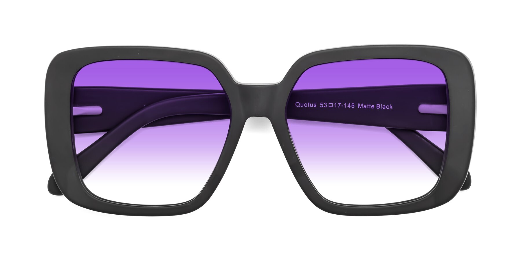 Folded Front of Quotus in Matte Black with Purple Gradient Lenses