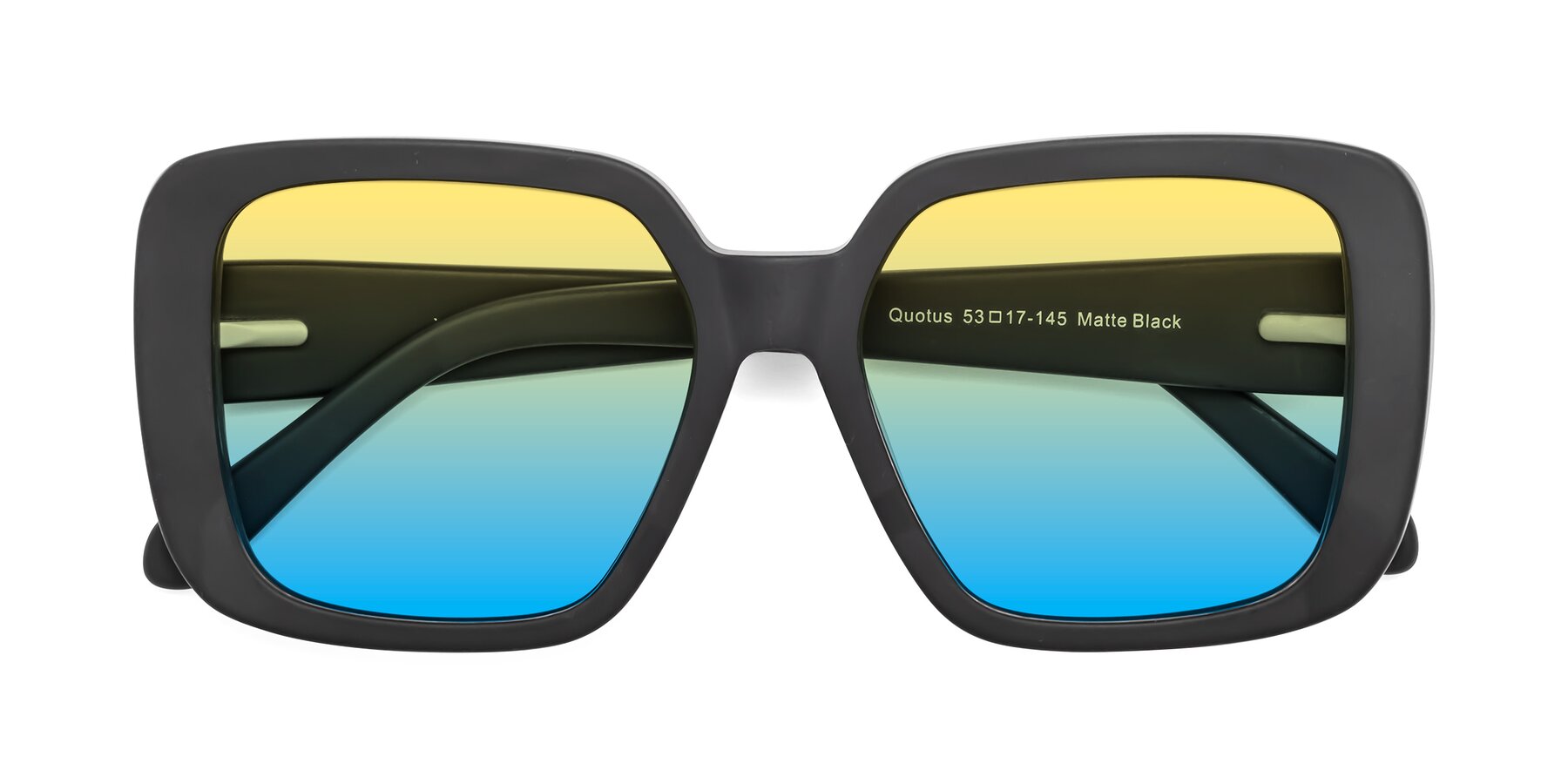 Folded Front of Quotus in Matte Black with Yellow / Blue Gradient Lenses