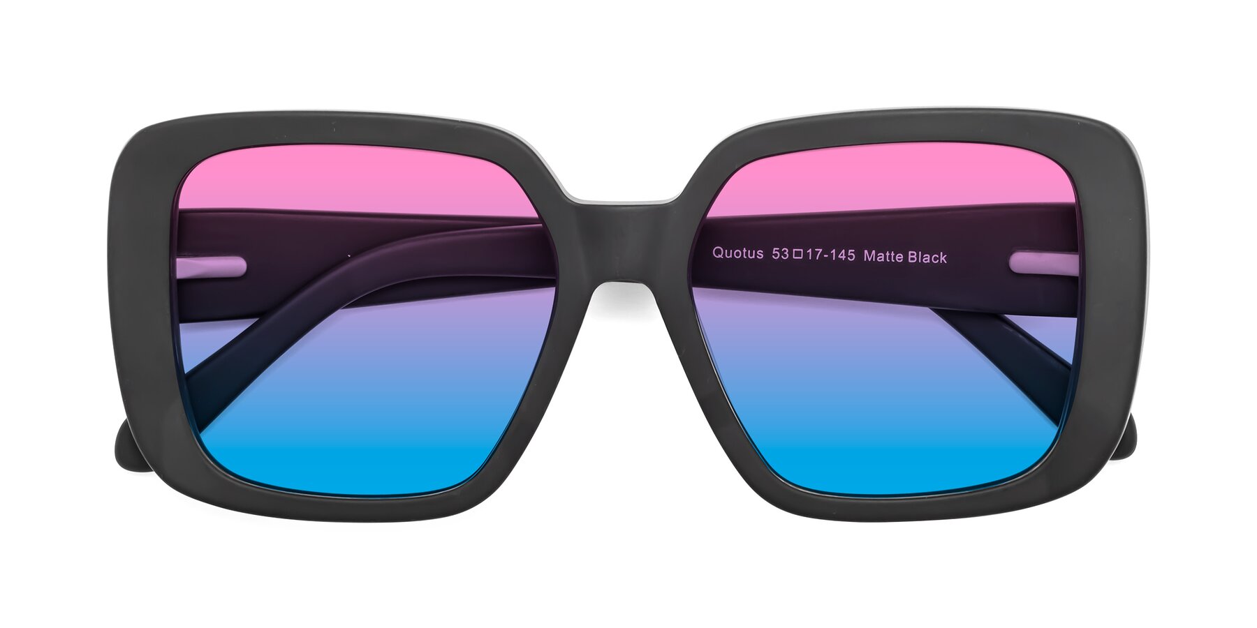 Folded Front of Quotus in Matte Black with Pink / Blue Gradient Lenses