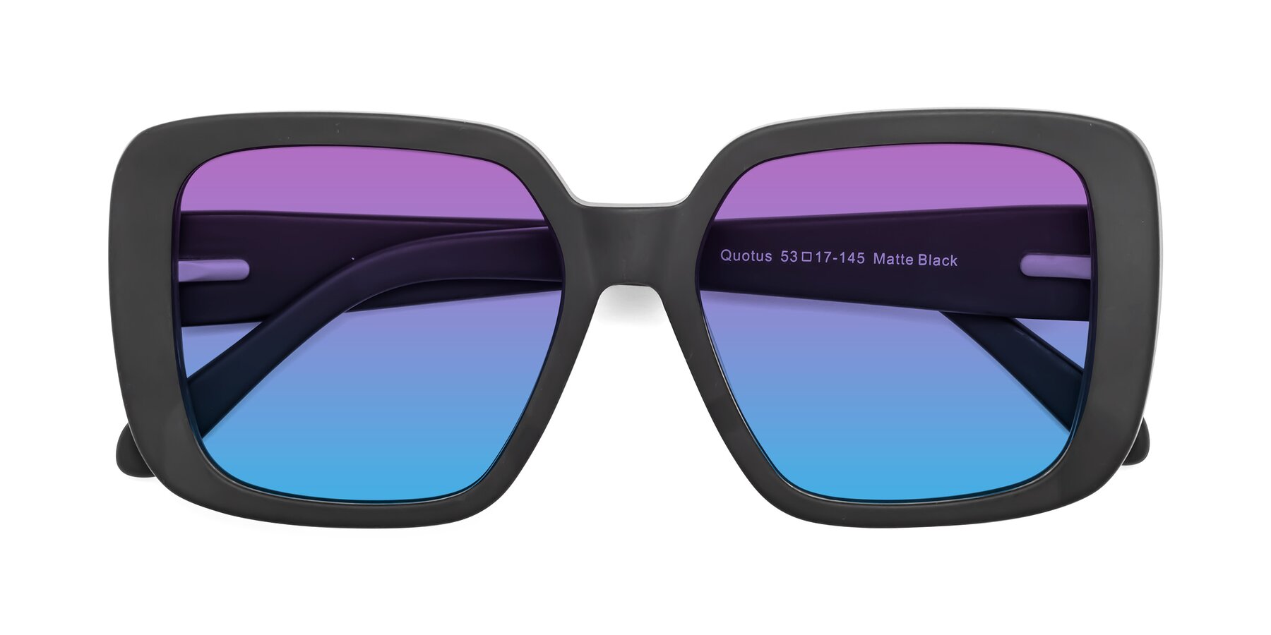 Folded Front of Quotus in Matte Black with Purple / Blue Gradient Lenses