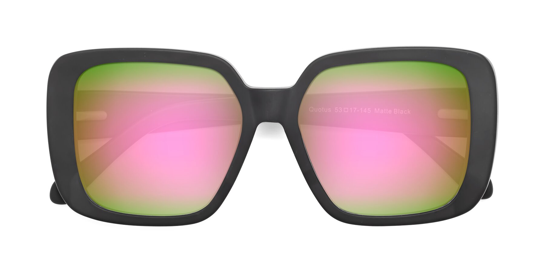 Folded Front of Quotus in Matte Black with Pink Mirrored Lenses