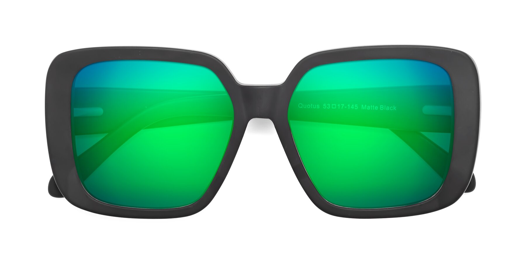Folded Front of Quotus in Matte Black with Green Mirrored Lenses