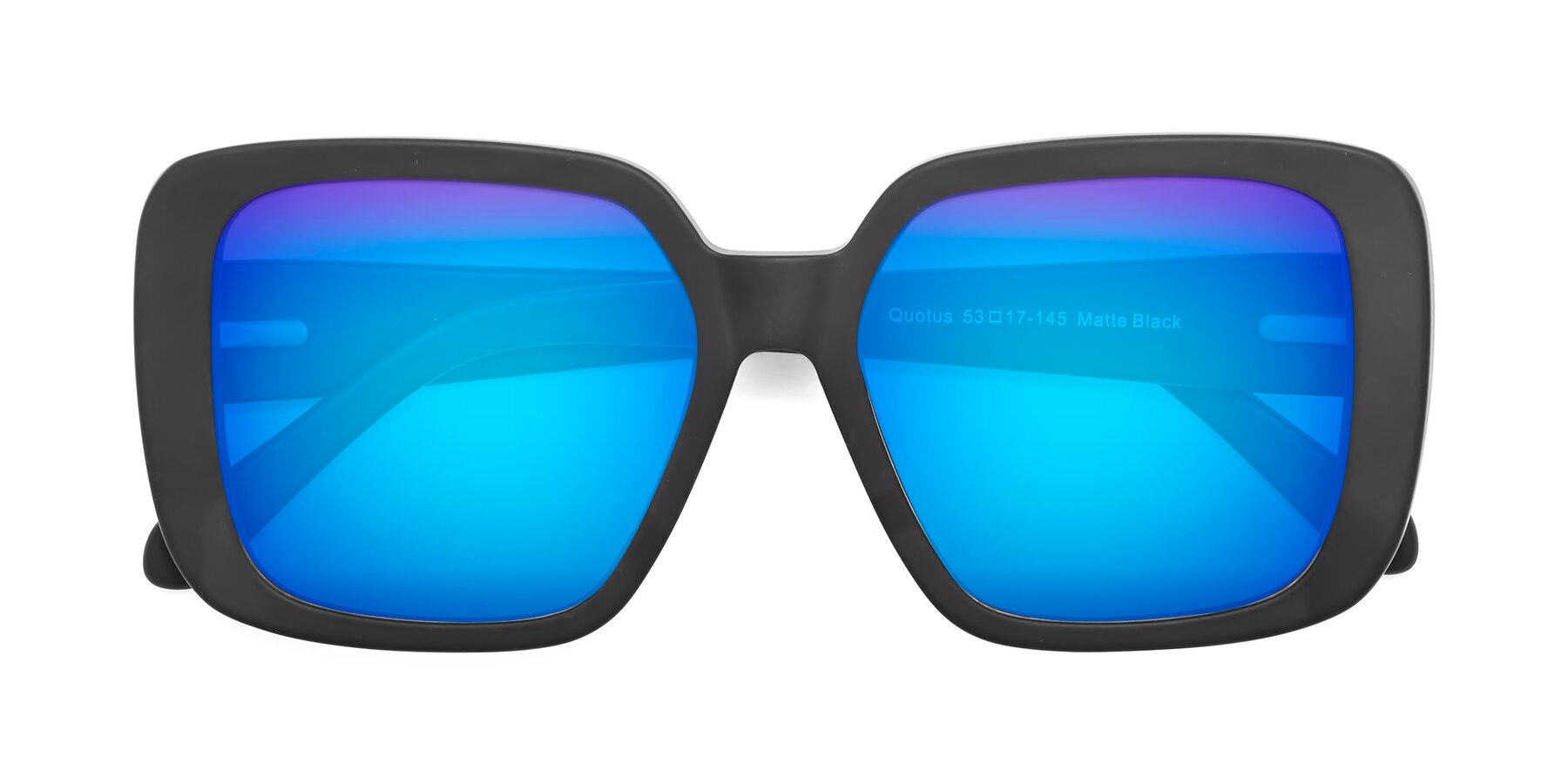 Folded Front of Quotus in Matte Black with Blue Mirrored Lenses