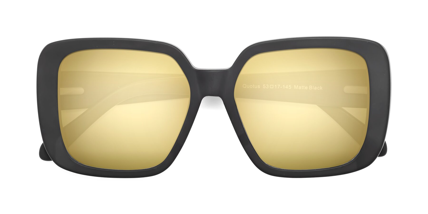 Folded Front of Quotus in Matte Black with Gold Mirrored Lenses