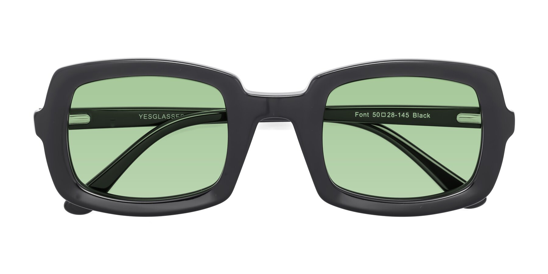 Folded Front of Font in Black with Medium Green Tinted Lenses