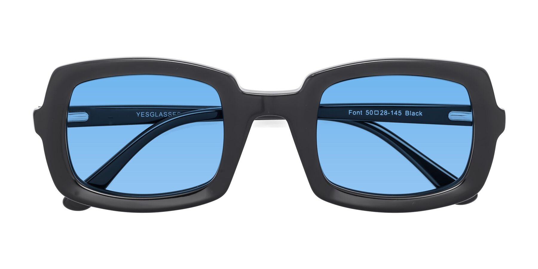 Folded Front of Font in Black with Medium Blue Tinted Lenses