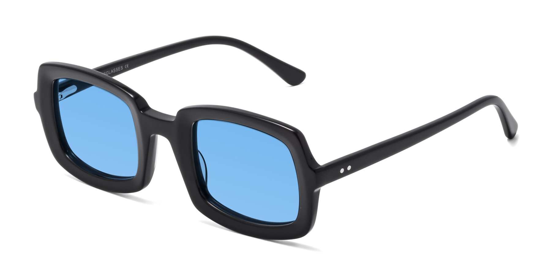 Angle of Font in Black with Medium Blue Tinted Lenses