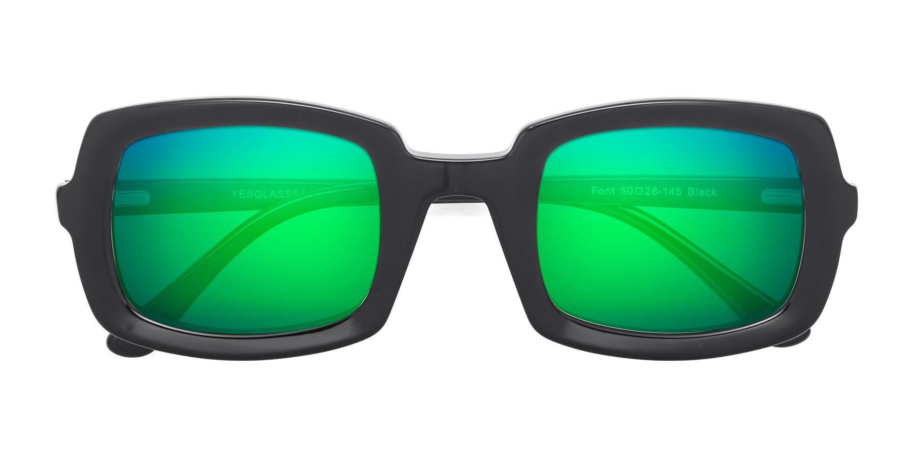 Folded Front of Font in Black with Green Mirrored Lenses