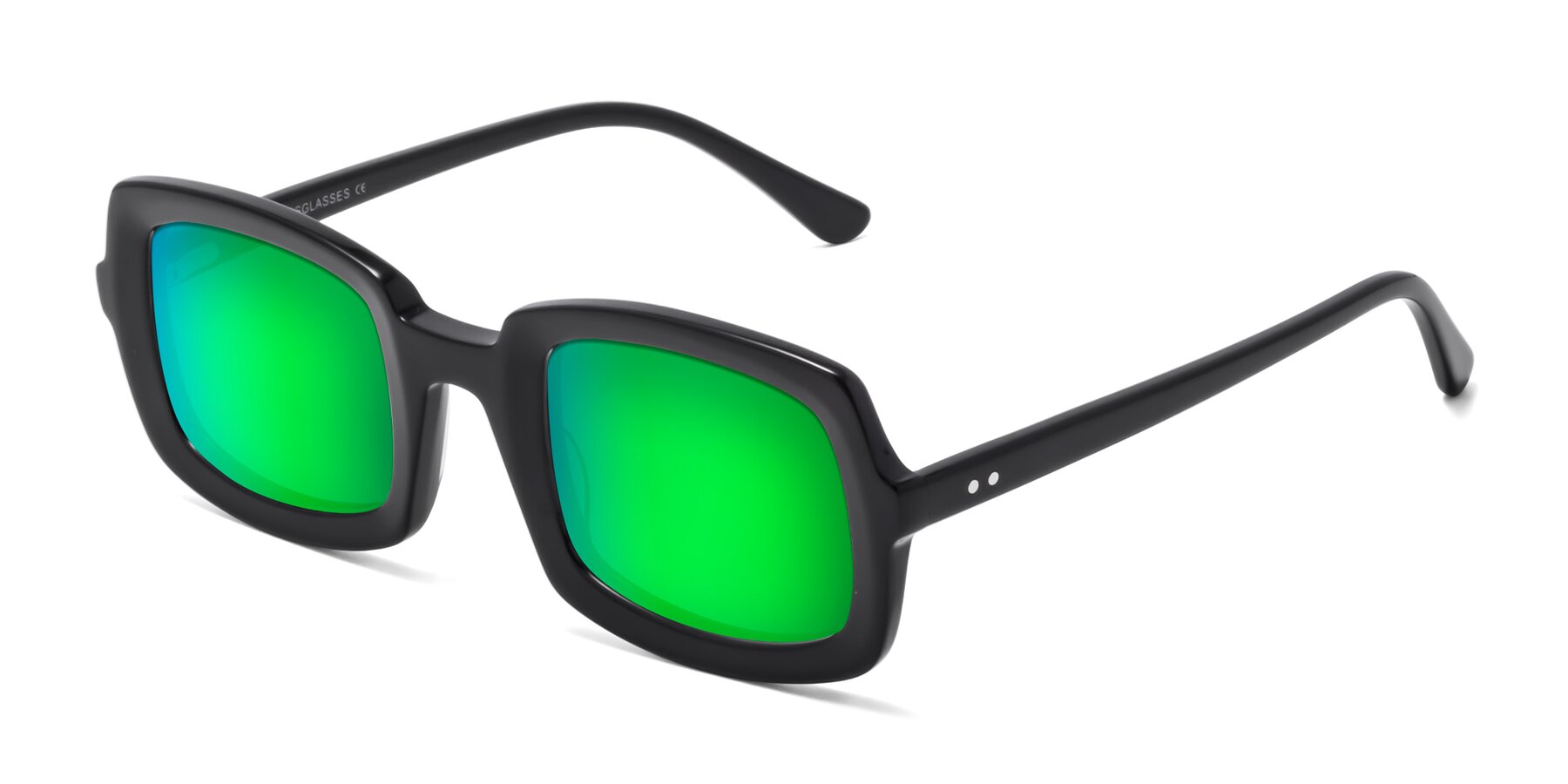 Angle of Font in Black with Green Mirrored Lenses